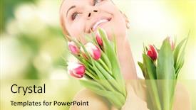  Presentation with flowers - Colorful slide deck enhanced with green pink - picture of happy woman backdrop and a blonde colored foreground