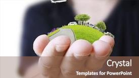  Presentation with green city - Audience pleasing PPT layouts consisting of green planet - human hand holding a city backdrop and a violet colored foreground