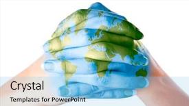  Presentation with world in our hands - PPT theme having green planet - map of world painted background and a light blue colored foreground