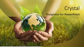  Presentation with save environment earth - Audience pleasing slides consisting of green planet in your hands backdrop and a yellow colored foreground