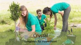  Presentation with community day - Amazing PPT layouts having green plant tree - happy friends gardening backdrop and a seafoam green colored foreground