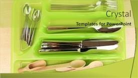  Presentation with cutlery - Slide deck with green plastic cutlery tray with checked cutlery and wooden spoons on wooden table background and a yellow colored foreground