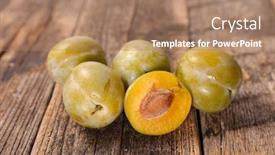  Presentation with wood - Amazing slide set having green-plum-mirabelle-on-wood backdrop and a coral colored foreground