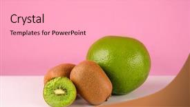  Presentation with kiwi fruit - Theme consisting of green pomelo fruit and kiwi on a table isolated on pink background background and a light gray colored foreground