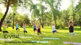  Presentation with yoga - Slide set consisting of green practices - group of young people practicing background and a yellow colored foreground