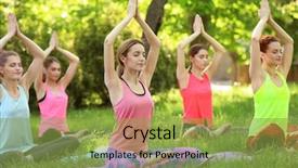  Presentation with yoga - PPT theme consisting of green practices - group of young women practicing background and a yellow colored foreground