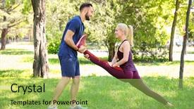  Presentation with exercises - PPT theme featuring green practices - young couple practicing sport exercises background and a yellow colored foreground