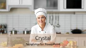  Presentation with chef - Presentation theme with green process - portrait of young female chef background and a coral colored foreground