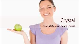  Presentation with cutout paper people standing around globe holding hands - Presentation theme having green purple - beautiful woman holding an apple background and a  colored foreground