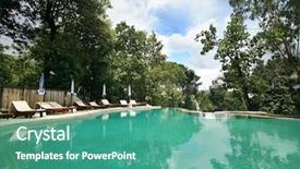  Presentation with green hotel - Presentation enhanced with green resort - swimming pool in the tropical background and a teal colored foreground
