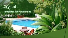  Presentation with swimming pool - Audience pleasing presentation theme consisting of green resort - swimming pool surrounded by lush backdrop and a forest green colored foreground