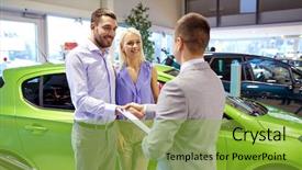  Presentation with car dealer - PPT theme having green retailing - auto business car sale background and a gold colored foreground