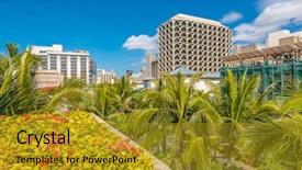  Presentation with honolulu hawaii - PPT layouts having green roof - palm trees and building tops background and a gold colored foreground