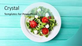  Presentation with green color - Audience pleasing slide deck consisting of green salad made with arugula tomatoes cheese mozzarella balls and sesame on plate on color wooden background backdrop and a arctic colored foreground