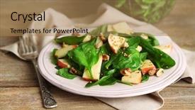  Presentation with green apples - Presentation theme with green salad with apples walnuts and cheese on wooden background background and a coral colored foreground