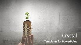 Presentation with trophy award hand holding - Presentation featuring green seedling growing pile coins - close up of human hand background and a gray colored foreground