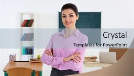  Presentation with classroom resources - PPT layouts with green seminar - young beautiful teacher in classroom background and a  colored foreground