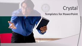  Presentation with green chalkboard - Beautiful slide set featuring green seminar - young male teacher in front backdrop and a light gray colored foreground