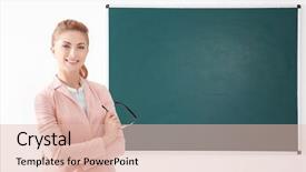  Presentation with teacher negotiations - Beautiful theme featuring green seminar - young teacher beside blackboard backdrop and a lemonade colored foreground
