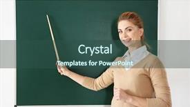  Presentation with pointer green - PPT theme consisting of green seminar - young teacher with pointer beside background and a ocean colored foreground