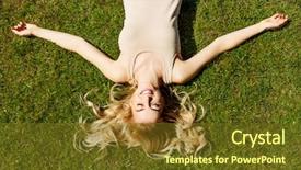  Presentation with concert symphony woman dancing in grass - Presentation design with green smiley - happy young woman lying background and a  colored foreground