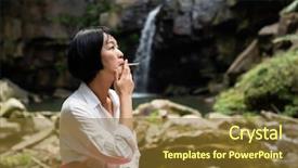  Presentation with waterfall woman - Presentation consisting of green smoke - traveling woman smoking and resting background and a tawny brown colored foreground