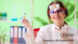  Presentation with biotechnology lab - Presentation design enhanced with microbiology antibiotics - beautiful female biotechnology scientist chemist background and a soft green colored foreground