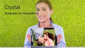  Presentation with green technology - Amazing PPT layouts having green tablet new technology with photo backdrop and a gold colored foreground