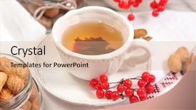 Presentation with green tea - Cool new PPT theme with seed peanut materials peanuts - green tea and viburnum berry backdrop and a coral colored foreground