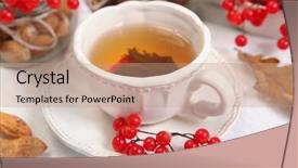  Presentation with green tea - Slide deck having seed peanut materials peanuts - green tea and viburnum berry background and a coral colored foreground