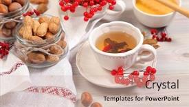  Presentation with green tea - Audience pleasing slides consisting of seed peanut materials peanuts - green tea and viburnum berry backdrop and a soft green colored foreground