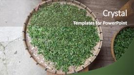  Presentation with green tea - PPT layouts having green tea leaves inside container background and a tawny brown colored foreground