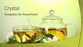  Presentation with green tea - Slide deck having man hiking in the mountains with a backpack and tent background and a ocean colored foreground