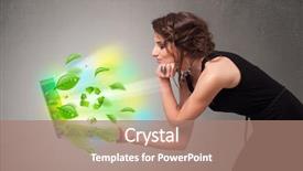  Presentation with notebook - PPT theme having green technology - casual young woman holding notebook background and a coral colored foreground