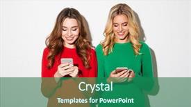  Presentation with full length portrait two men women brown sweater - Cool new PPT theme with green technology - portrait of two smiling girls backdrop and a ocean colored foreground