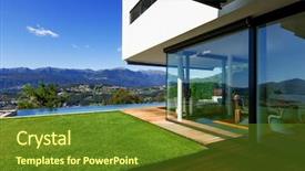 Presentation with swimming pool - Colorful PPT theme enhanced with green teck - villa infinity swimming pool backdrop and a tawny brown colored foreground