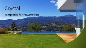  Presentation with swimming pool - Audience pleasing PPT theme consisting of green teck - villa infinity swimming pool backdrop and a light blue colored foreground