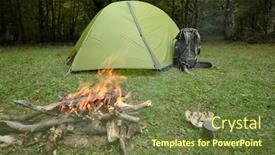  Presentation with campfire - Audience pleasing PPT theme consisting of green-tent-backpack-campfire-mushrooms backdrop and a tawny brown colored foreground