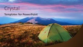  Presentation with green mountains - Presentation theme enhanced with green-tent-in-spring-mountains background and a light blue colored foreground