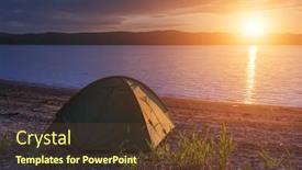  Presentation with green lake - Slides with green tent on lake coastline closeup background and a tawny brown colored foreground