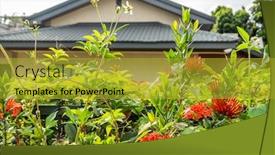  Presentation with green city - Slide set featuring green-tree-fence-with-red background and a gold colored foreground