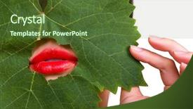  Presentation with lips - Amazing theme having green tree leaf with red lips peeping backdrop and a tawny brown colored foreground