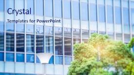  Presentation with modern trees - Colorful theme enhanced with green trees front of modern glass office building backdrop and a light blue colored foreground