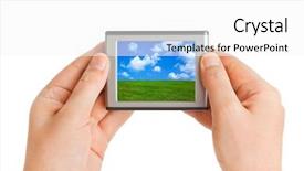  Presentation with landscape - Audience pleasing slides consisting of screen with landscape my photo in hands isolated on white background backdrop and a white colored foreground