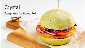  Presentation with vegan burger - Presentation design consisting of lettuce free - green vegan burger with vegetables background and a white colored foreground