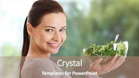  Presentation with healthy eating - Presentation design enhanced with green vegetables - healthy young woman eating lambs background and a coral colored foreground