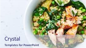  Presentation with green onions and bulb onion - Slide deck featuring green vegetables and poached salmon background and a sky blue colored foreground