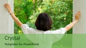  Presentation with house window frame - Audience pleasing theme consisting of green view - portrait of brunet woman backdrop and a  colored foreground