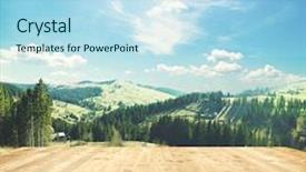  Presentation with green mountains - Audience pleasing slides consisting of green view - wooden desk and panorama backdrop and a sky blue colored foreground