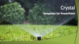  Presentation with lawn maintenance - Cool new theme with green water technology - parks and maintenance concept sprinkler backdrop and a tawny brown colored foreground